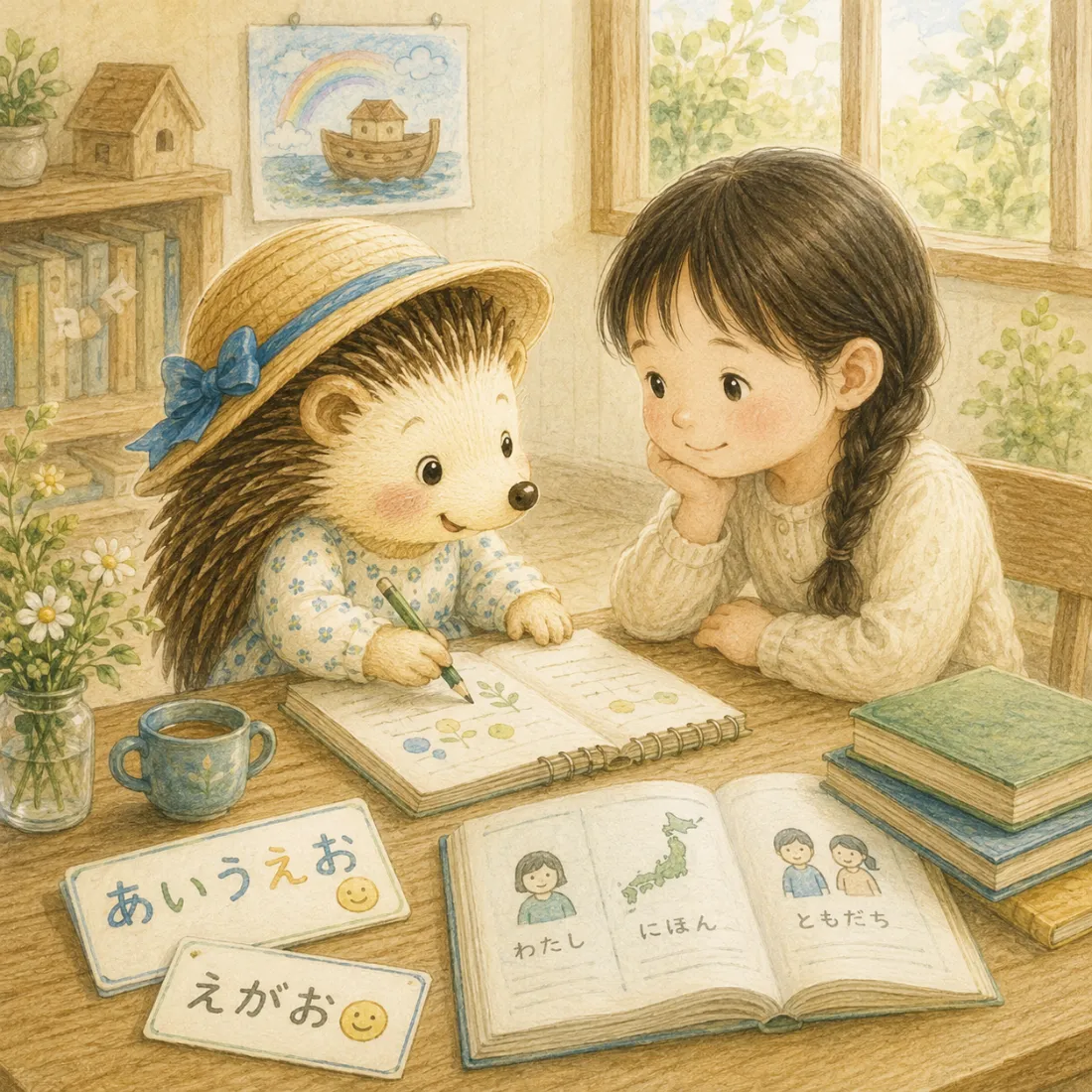 机に向かい、子どもと一緒に絵を描いたり日本語のカードで学んだりするハリネズミのミリ
